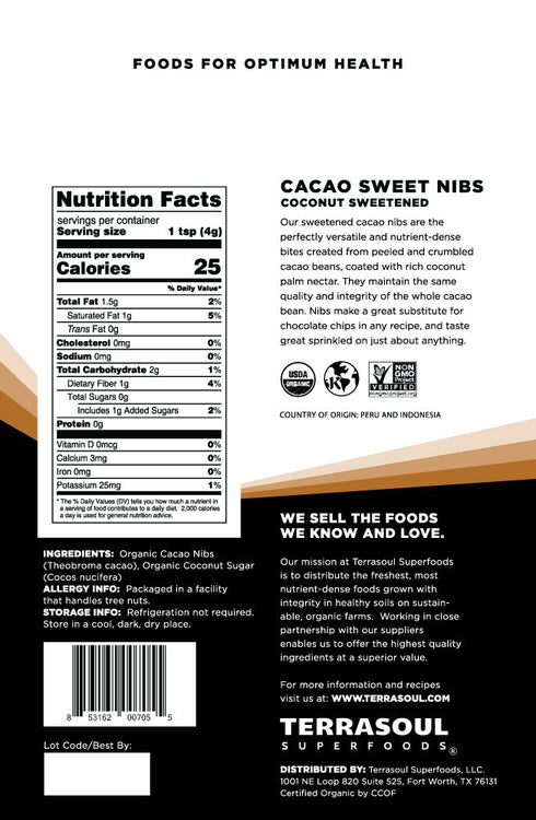 2 Lbs (2 Pack) Terrasoul Superfoods Organic Sweet Cacao Nibs, - Coconut Sugar Sweetened | Antioxidants | Magnesium