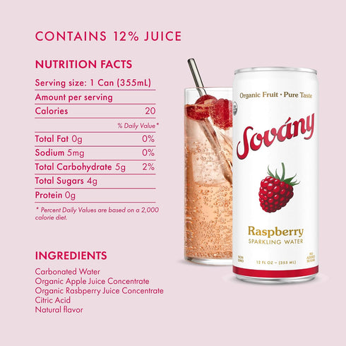 12 oz, 4 Pack Sovny Sparkling Water, Raspberry, Seltzer Water Drinks, USDA Organic, Made With Real Fruit, Non-GMO