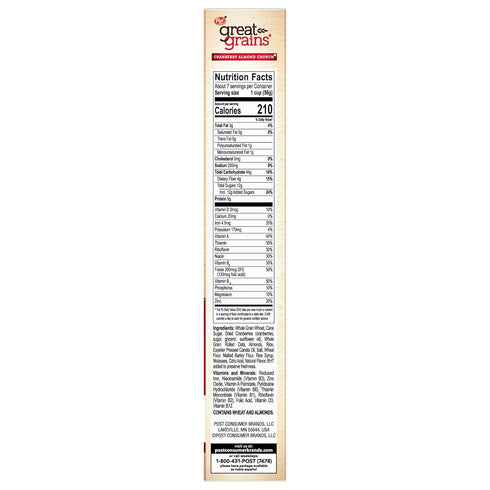 Great Grains 14 OZ (Pack 3) Cranberry Almond Crunch Cereal, Cereal with Dried Cranberries and Almonds, Non-GMO Project