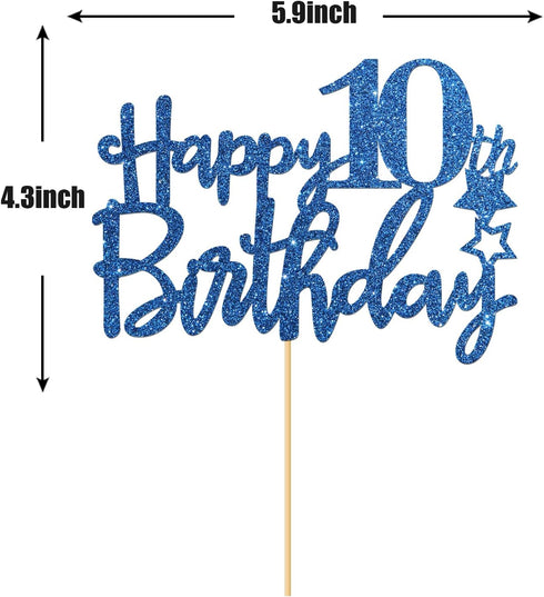 Royal Blue Glitter Happy 10th Birthday Cake Topper, Cheers to 10 Years Party Supplies