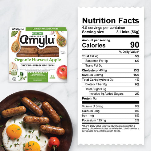 9g 9 oz Amylu Foods Organic Harvest Apple Breakfast Sausages, Natural Ingredients, of Protein, Chicken Raised with No