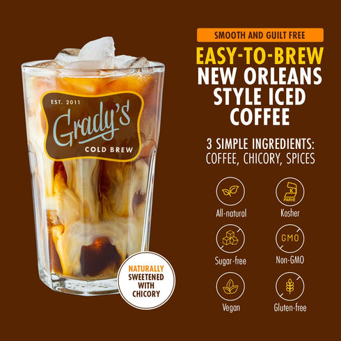 100% GRADY'S COLD BREW, New Orleans Style, Arabica Medium Dark Roast Coffee & Chicory, Ground for Hot Coffee and Cold