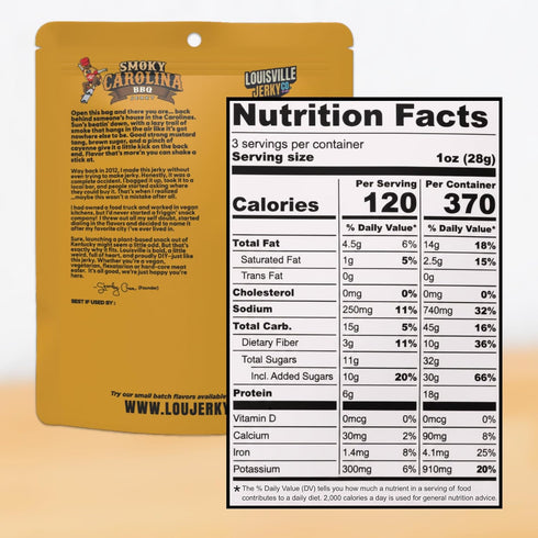 (3 5-Pack) Louisville Jerky Co. Sweet & Smoky Carolina Mustard BBQ Vegan Jerky, Plant Based Protein Snack Ounce, Smoky
