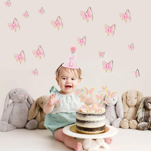 66 Pcs Butterfly Cupcake Toppers, Pink Gold Cake Topper Picks for Birthday Party Decor, Wedding, Baby Shower