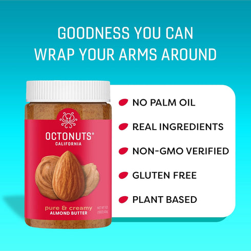 16oz Octonuts Dry Roasted Pure Almond Nut Butter - Pure Creamy Nut Butter - Gluten Free, Vegan, Kosher, Paleo, Non-GMO