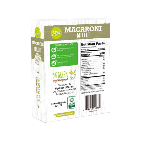 8.8 oz (6 Big Green Organic Food - Organic Mini Millet Macaroni Pasta, Gluten-Free, Non-GMO, Vegan, Plant-Based, Kids'