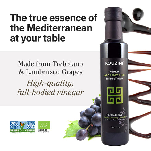 250ml Kouzini Ultra Premium Jalapeno Lime Balsamic Vinegar, Aged Balsamic Vinegars from Modena, Italy, Premium, Smooth