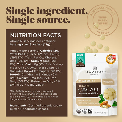 100% (8oz. 17 Navitas Organics Cacao Butter Wafers For Hot Cocoa, Desserts, Baking & DIY Skincare Recipes Unrefined