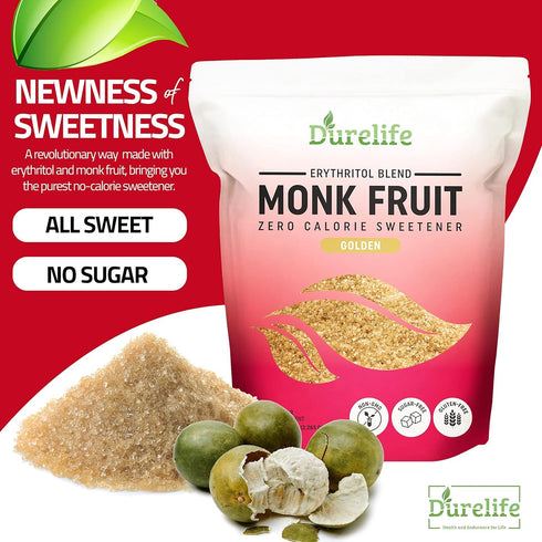 1:1 5 lb (Packaging Durelife Golden Monk Fruit Sweetener, Sugar Replacement, Keto Diet Friendly, Zero Calorie, Kosher