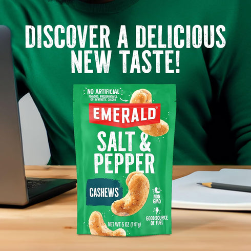 (1-Pack) 5 Oz Emerald Nuts Salt and Pepper Seasoned Cashews | Resealable Bag | Kosher Certified, Non-GMO, Contains No