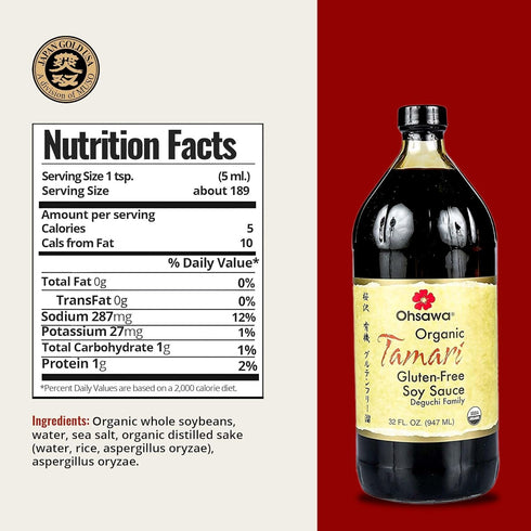 32 Oz Ohsawa - Wheat-Free Tamari Soy Sauce - Traditionally Brewed, Gluten-Free, Non-GMO, Ideal for Cooking, Marinades
