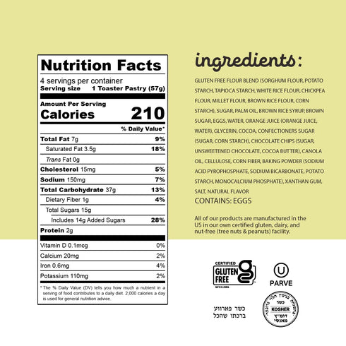 8oz (12pk) Katz Gluten Free Chocolate Chip Toaster Pastries. Breakfast Foods Snacks. Free of Dairy, Peanuts, Tree Nuts