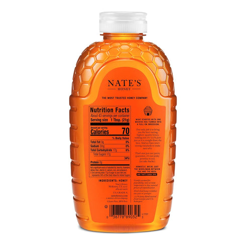 100% 32 oz. Nate's Georgia Pure, Raw & Unfiltered Honey, Squeeze Bottle - All-natural Sweetener