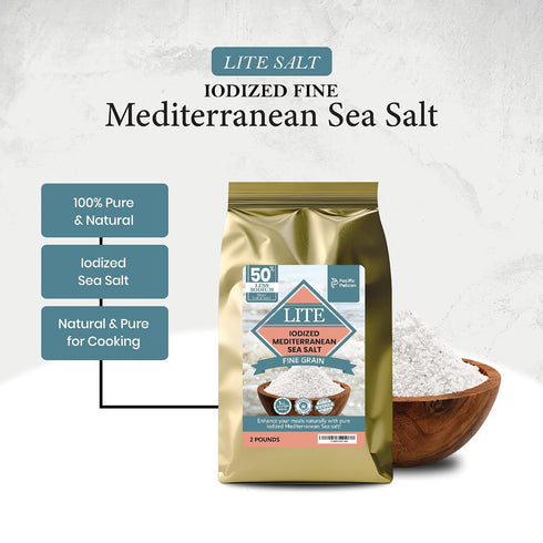 50% Grain,100% 2 Pacific Pelican Less Sodium Mediterranean Lite Sea Salt, (Iodized) Fine Natural, Organic, Fine Grain