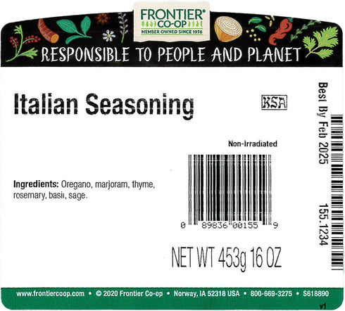 1lb Frontier Co-op Italian Seasoning - Bulk Dried Oregano, Thyme, Rosemary, Basil, Sage and Marjoram - Wholesale Spices