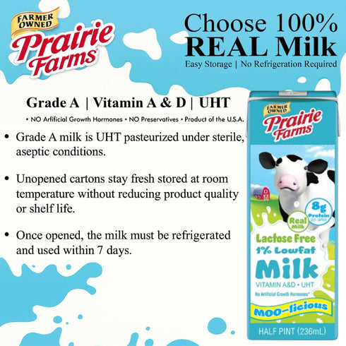 Prairie Farms Dairy 1% 8oz. (27 Pack) Prairie Farms Lactose Free Milk, Shelf Stable Low Fat Milk Boxes Vitamin D