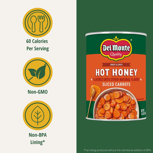 14.5 oz. Pack 12 Del Monte Hot Honey Flavored Sliced Carrots, Cans