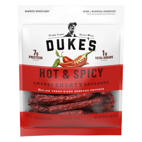 Duke's Pork Hot & Spicy Smoked Shorty Sausages, 7g Protein Per Serving,