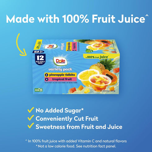 100% Pack 4 oz 12 Pack Dole Pineapple Tidbits and Tropical Fruit in Juice Variety - Dole Fruit Bowls Snacks - Bowls