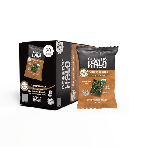Oceans Halo Organic Seaweed Snacks Ginger Sesame, Trayless, Vegan, Crispy Salty Snacks,