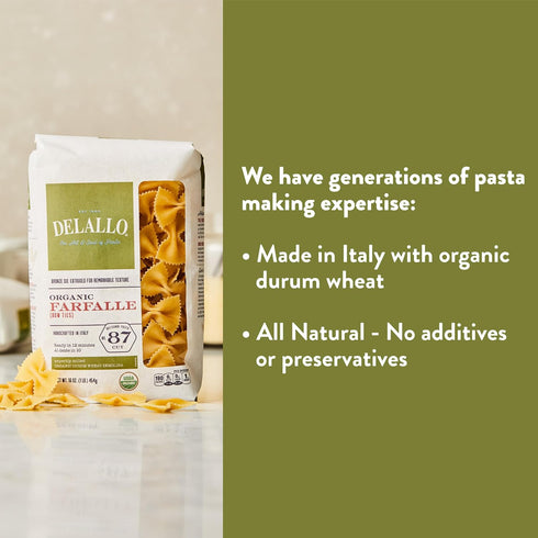 100% (4 Pack) DeLallo Organic Farfalle Pasta, Made with Only Semolina Durum Wheat Flour, Bronze Cut, Made in Italy