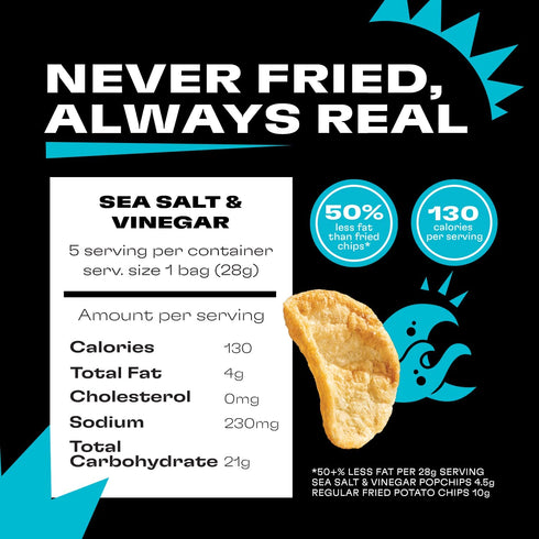 5.0 oz. 130 Popchips Potato Chips, Sea Salt & Vinegar, Share Bags, Low-Calorie, Gluten Free, Salty Snacks for Adults