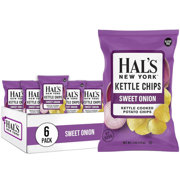 Hal's New York Kettle Cooked Potato Chips, Sweet Onion, 5 Oz (Pack of 6)