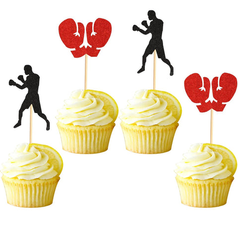 48Pcs Black Red Glitter Boxing Gloves Cupcake Toppers - Boxer Birthday Party Decorations, Fitness Cupcake Picks