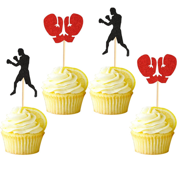 48Pcs Black Red Glitter Boxing Gloves Cupcake Toppers - Boxer Birthday Party Decorations, Fitness Cupcake Picks
