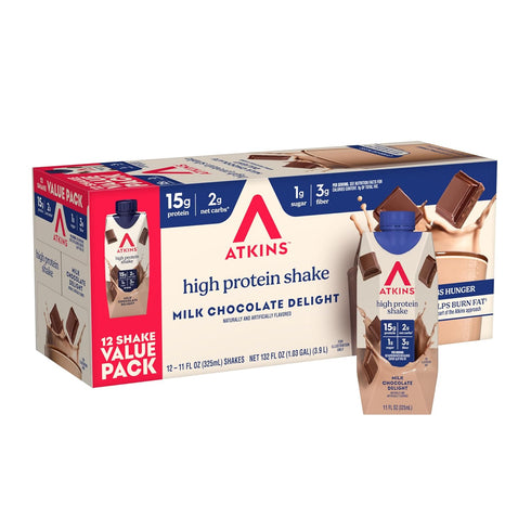 Atkins Milk Chocolate Delight High Protein Shake, 15g Protein, 2g Net Carb,
