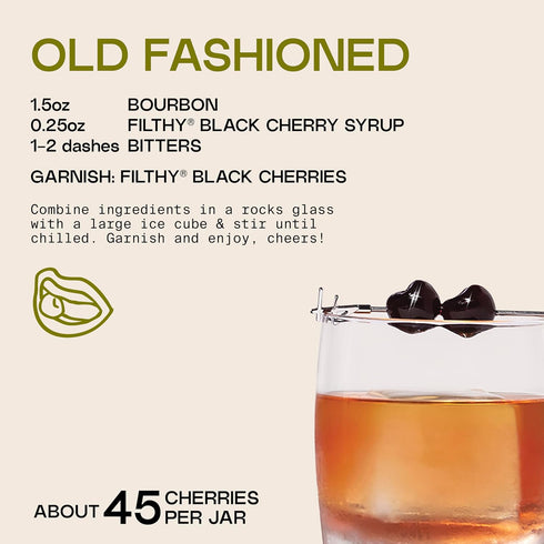 11 Oz 45 Filthy Cocktail Amarena Black Cherries, Premium Cocktail Garnish, All Natural Wild Italian Amarena Black