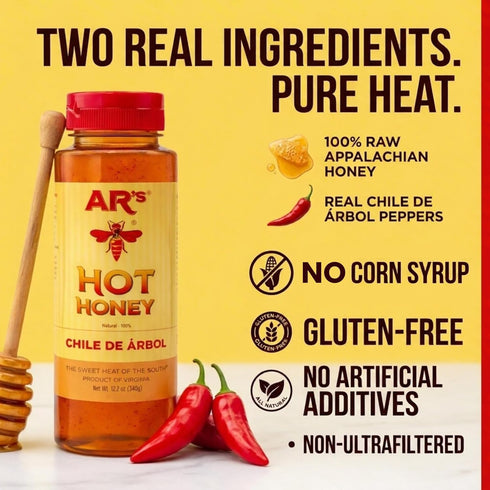100% 12 oz (Pack 2) ARs Hot Southern Honey, Chile De Arbol (Mild) - Blend of Sweet Clover, Real Wildflower Honeys