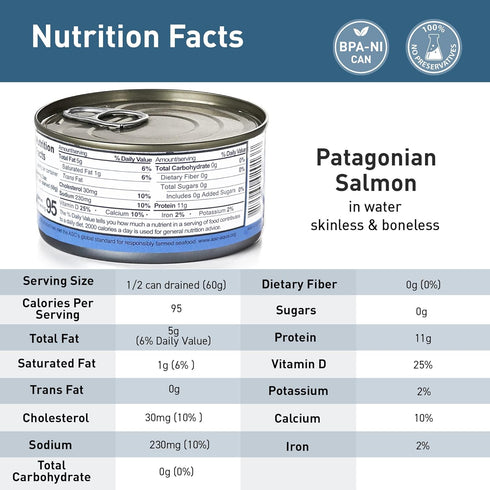 6.0 oz 3 COLES Patagonian Salmon in Water Boneless | Skinless | Canned Salmon-Seafood Rich in Protein - Each Container