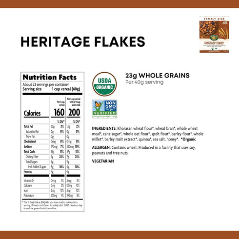 33.5 oz (Pack 1), 23g Nature's Path Organic Heritage Flakes Cereal, of Ancient Grains, Whole Grains, Non-GMO