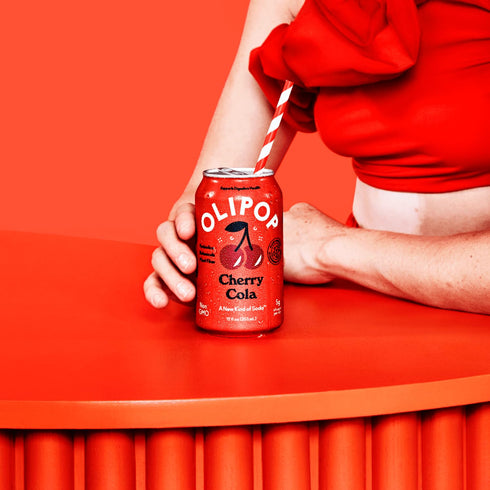 12 oz OLIPOP Prebiotic Soda Pop, Cherry Cola, Prebiotics, Botanicals, Plant Fiber, fl can