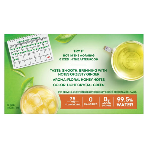 20-Count Lipton Honey Ginger Green Tea Bags Flavored Unsweetened Hot or Iced Tea with Caffeine Flavonoids Natural Zesty