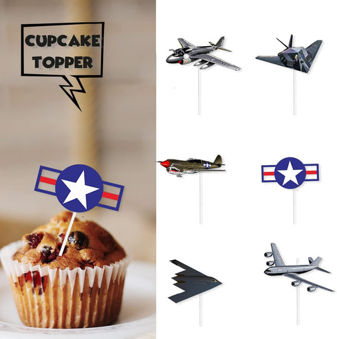 LETLIMIT 18pcs Military Airplane Dessert Cupcake Topper Aviation Aircraft Theme Decor Supplies Baby Shower Children Boy