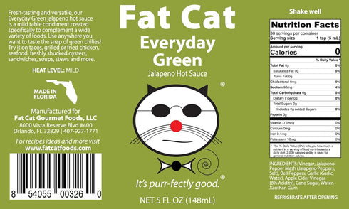 Everyday Green Jalapeno Pepper Hot Sauce by Fat Cat Gourmet, 1 Bottle, Gluten Free, Vegan & Keto Friendly