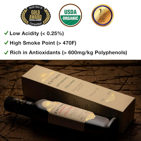 600+ 2025 8.5 oz Entimio Ardente Organic Italian Extra Virgin Olive Oil from Italy, mg/kg High in Polyphenols, Gold