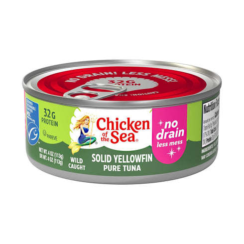 4 oz. (Pack 24), Chicken of the Sea Solid Yellowfin Pure Tuna, Cans of Wild Caught Canned Tuna, No Drain