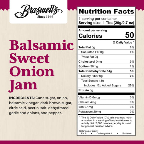 1946 (13oz) Braswells Select Balsamic Sweet Onion Jam Small-Batch, Renowned Specialty, Made in USA, Since