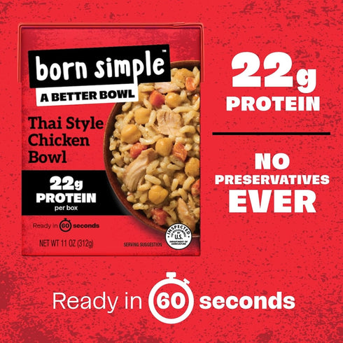 22g 11 oz (Pack 6) Born Simple Ready to Eat Meals with Sporks, Thai Style Chicken Bowl, Improved Recipe - Protein
