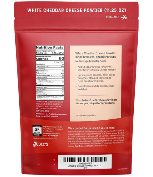 Judee’s White Cheddar Cheese Powder 11.25oz - 100% Non-GMO, rBST Hormone-Free - Gluten-Free & Nut-Free - Made from Real Cheddar Cheese - Made in USA - Great in Dips, Sauces, and Baked Goods
