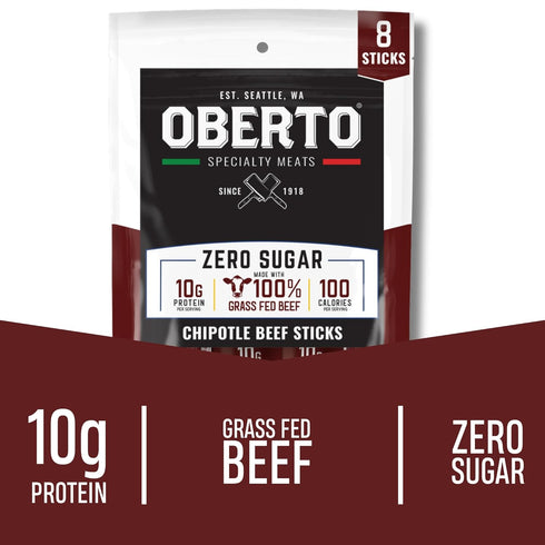 1.15 (Pack 8) Oberto Grass Fed Beef Sticks - Chipotle, Zero Sugar, No Artificial Ingredients, High Protein, Gluten