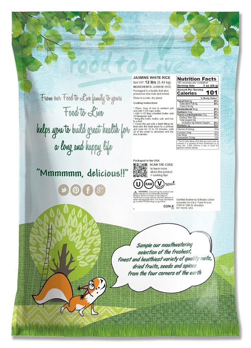 12 Food to Live - Jasmine White Rice, Pounds Long-Grain, Raw, Vegan, Kosher, Bulk. Fluffy Texture. Perfect Side Dish.