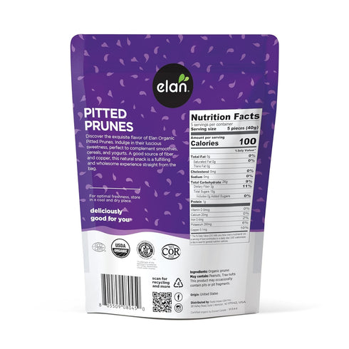 7.9 oz, Elan Organic Pitted Prunes, Natural Dried Fruit, No Sugar Added, Sulphite-free, Non-GMO, Vegan, Gluten-Free