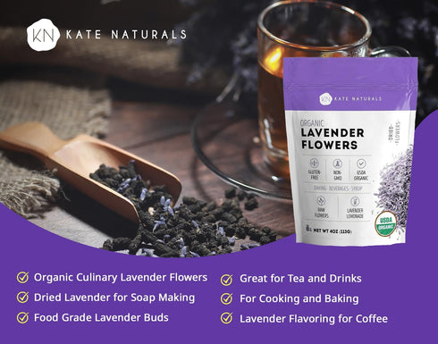 Kate Naturals Dried Lavender Flowers for Tea, Syrup, Lemonade, Soap Making - Edible Culinary Grade Buds (4oz, Organic,