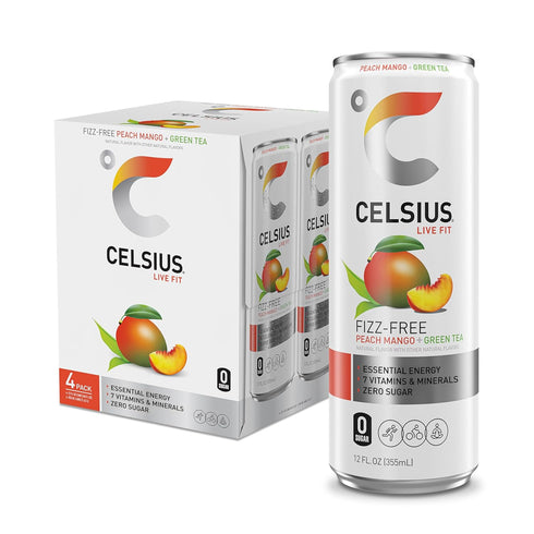 CELSIUS Fizz Free Peach Mango Green Tea, Sugar Free Energy Drink, 12