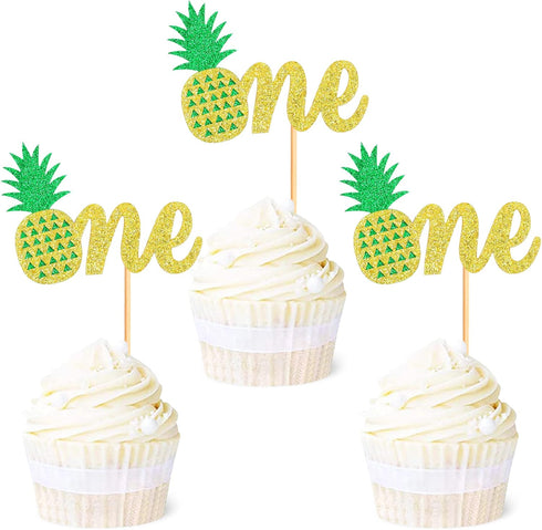 Ercadio 24 Pack Pineapple Cupcake Toppers - Glitter Pineapple 1st Birthday Cupcake Picks for Hawaii Luau Tropical Party