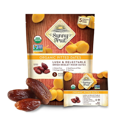 6 (30 Packs) Packs Sunny Fruit Organic Dried Pitted Deglet Nour Dates - Bags Individual Portion | No Preservatives, No